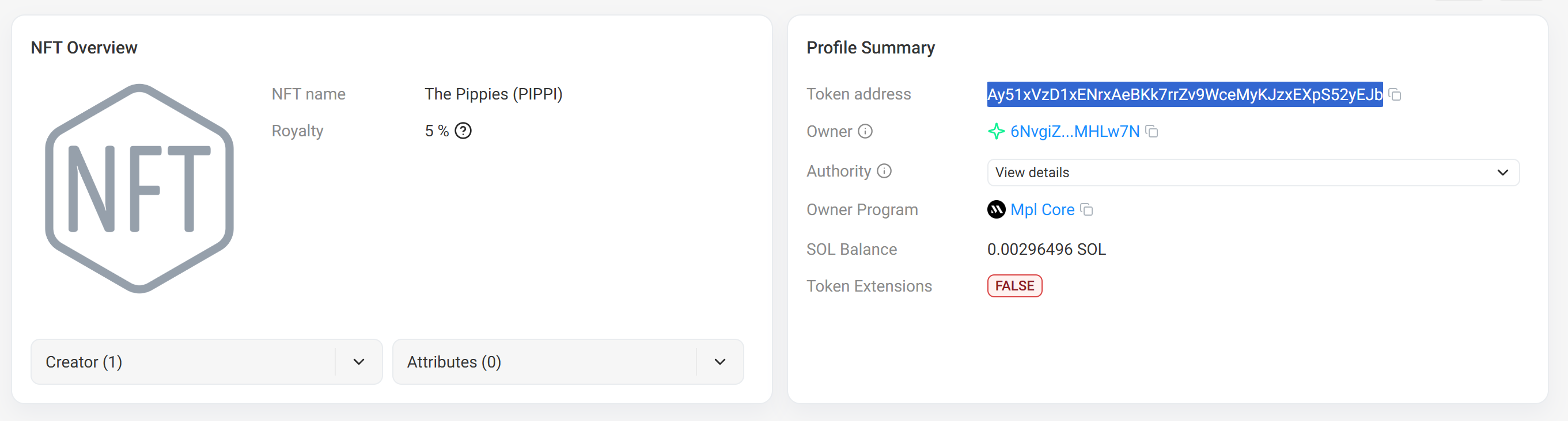 Solscan Metaplex Core NFT details