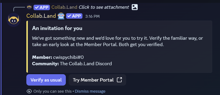 Collab.Land Discord invitation with Try Member Portal button