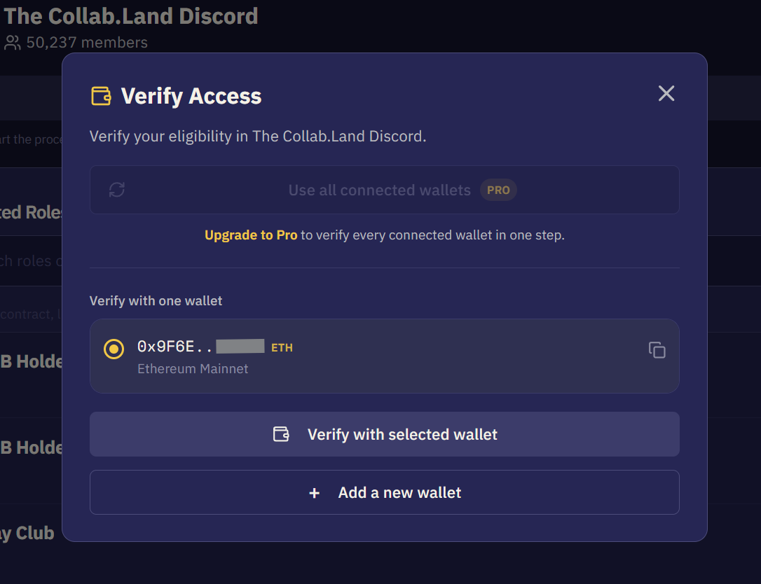Verify Access window with wallet selection options